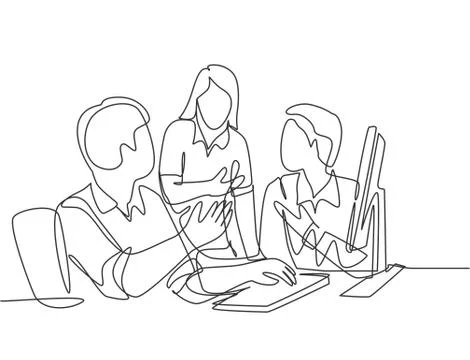 One continuous line drawing of young businessmen discuss new product launch Illustrazione stock