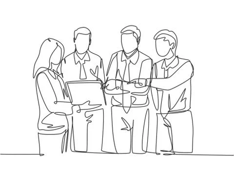 One continuous line drawing of young happy male and female workers standing Stock Illustration