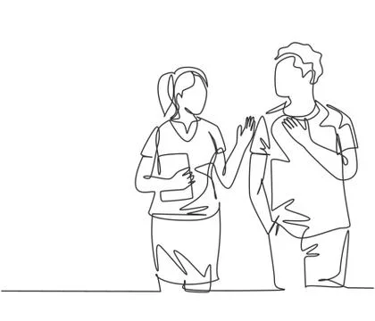 One continuous line drawing of young happy male and female couple take a talk Stock Illustration