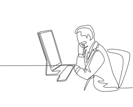 One continuous line drawing of young manager thinking seriously on his desk Illustrazione stock