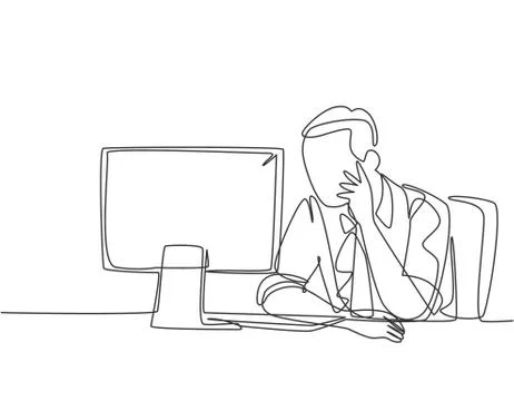 One continuous line drawing of young business manager sitting on his desk Illustrazione stock