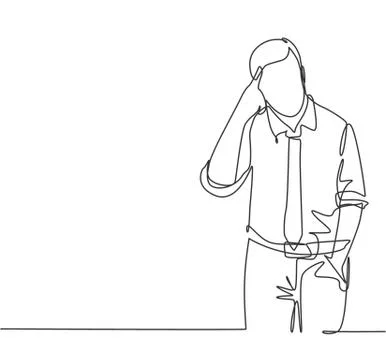 One continuous line drawing of young confused worker standing and thinking Stock Illustration