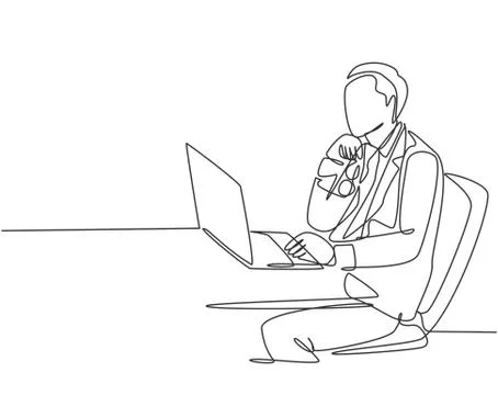 One continuous line drawing of young manager focus thinking and holding Stock Illustration