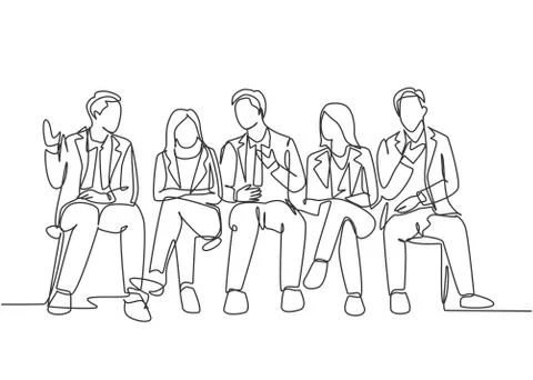 One continuous line drawing of young male and female interviewee sitting Illustrazione stock