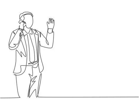 One continuous line drawing of young startup CEO holding smartphone to call Stock Illustration