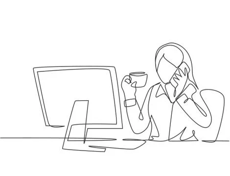 One continuous line drawing of young female employee drinking a cup of coffee Stock Illustration
