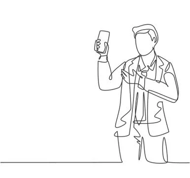 One continuous line drawing of young salesman promote and introduce new phone Illustrazione stock