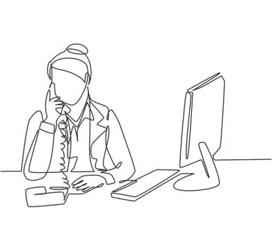 One continuous line drawing of young female employee receiving complain call Stock Illustration