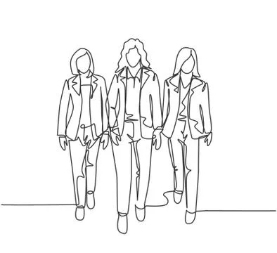 One continuous line drawing of young female managers walking together neatly Stock Illustration