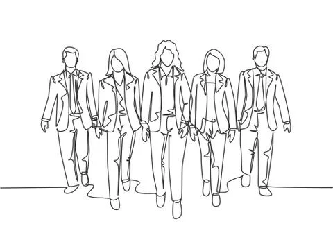 One continuous line drawing of young male and female workers walking together Illustrazione stock