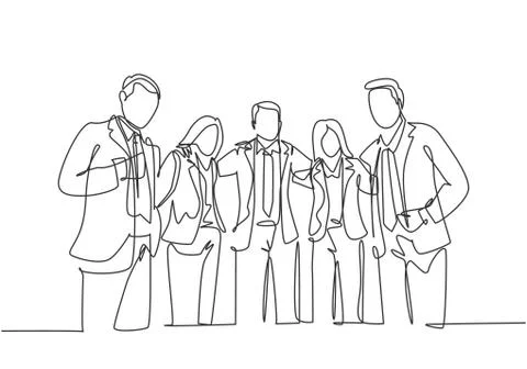 One continuous line drawing of young male and female business people Illustrazione stock