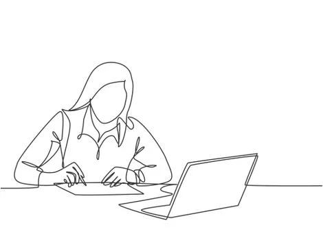 One continuous line drawing of young serious female worker sitting pensively Illustrazione stock