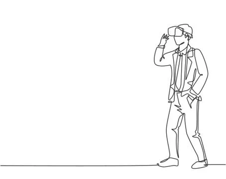 One continuous line drawing of young happy businessman ready to play vr Illustrazione stock