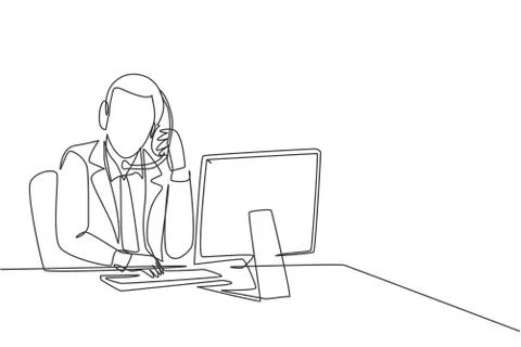 One continuous line drawing of young male customer service remove the headset Stock-Illustration