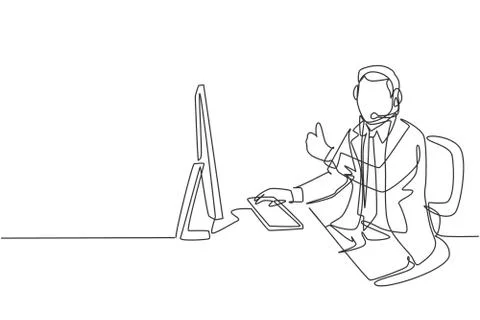 One continuous line drawing of young happy male call center worker Ilustração Stock