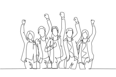 One continuous line drawing of young happy male and female worker raise hands Stock-Illustration