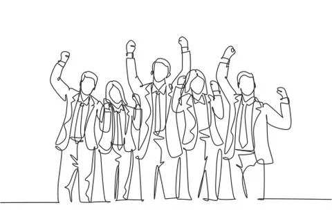 One continuous line drawing of young happy male and female workers line up Stock Illustration