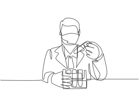 One continuous line drawing of young male laboratorian test blood sample Stock Illustration