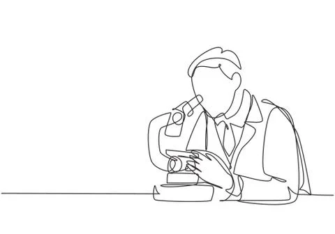 One continuous line drawing of young male scientist analyze corona virus Stock Illustration