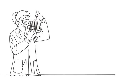 One continuous line drawing of young female laboratorian analyze formula Stock Illustration