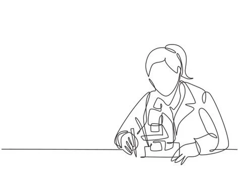 One continuous line drawing of young female scientist examine the virus Stock Illustration