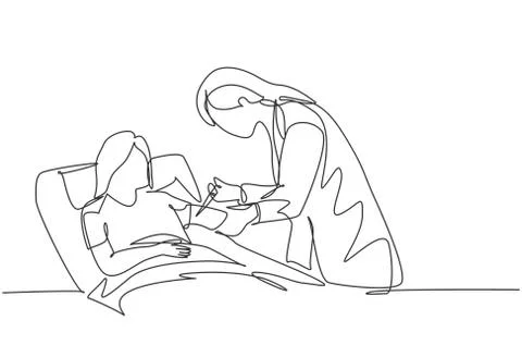 One continuous line drawing of young female doctor giving injection Illustrazione stock