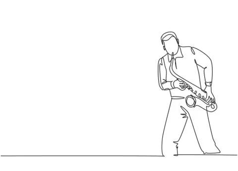 One continuous line drawing of young happy male saxophonist performing Stock Illustration