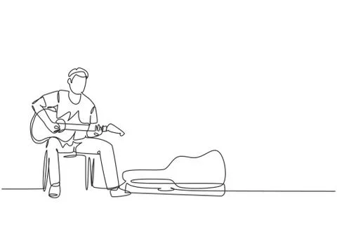 One continuous line drawing of young happy male guitarist sitting Illustrazione stock