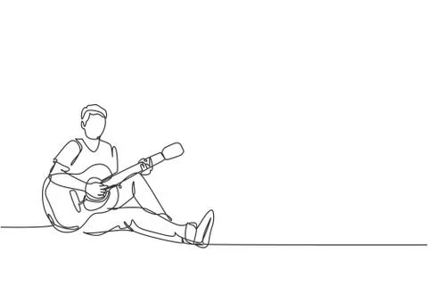 One continuous line drawing of young happy male guitarist sitting relax 스톡 일러스트