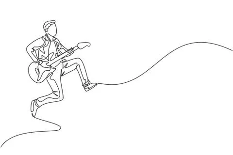 One continuous line drawing of young happy male guitarist jumping Illustrazione stock