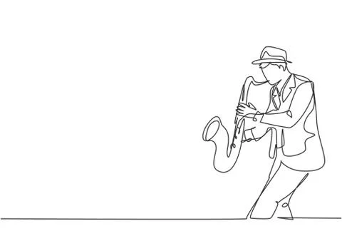 One continuous line drawing of young happy male saxophonist with hat Illustrazione stock
