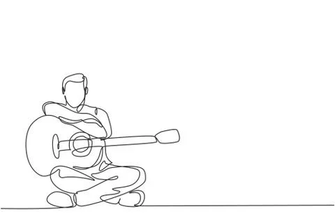 One continuous line drawing of young happy male guitarist posing Stock Illustration