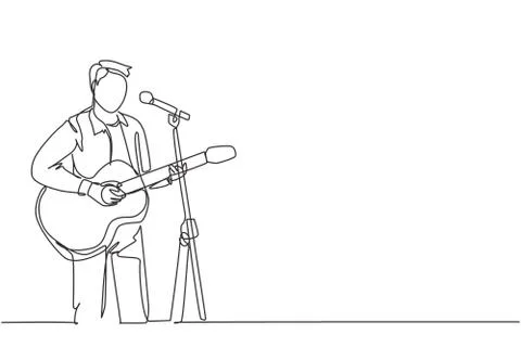 One continuous line drawing of young happy male guitarist playing guitar Stock Illustration