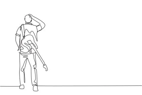 One continuous line drawing of young happy male rock guitarist walking Stock Illustration