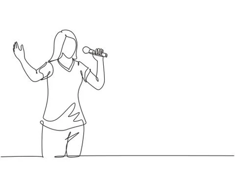 One continuous line drawing of young happy female singer holding a microphone Stock-Illustration