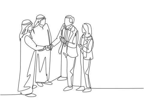 One continuous line drawing of young muslim business man handshake Illustrazione stock
