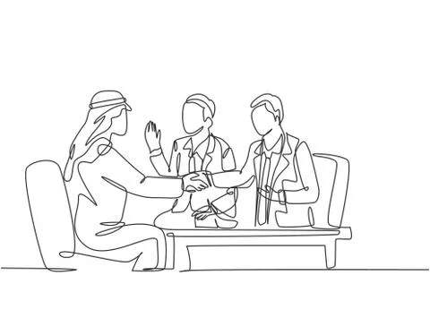 One continuous line drawing of young muslim business man deal project Stock Illustration