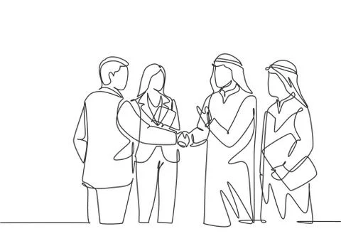 One continuous line drawing of young muslim business man handshake Stock Illustration