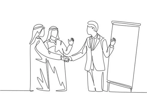 One continuous line drawing young muslim business man handshake his partner Illustrazione stock