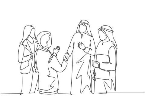 One continuous line drawing of young muslim business man do a meeting 스톡 일러스트