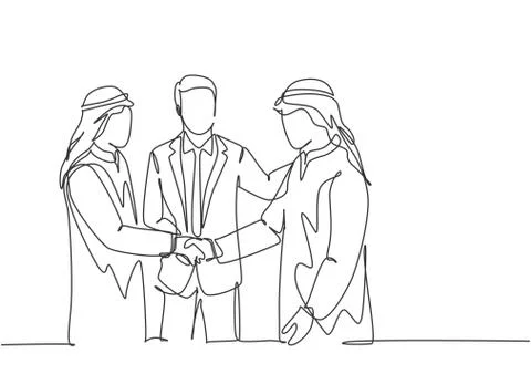 One continuous line drawing of young muslim business man handshake Stock-Illustration