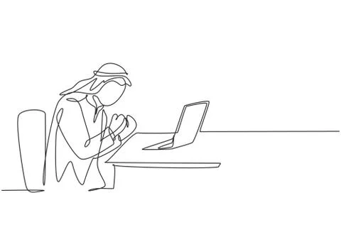 One continuous line drawing  young happy muslim business man celebrate success Stock-Illustration