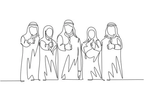 One continuous line drawing of young muslim male and female managers Illustrazione stock