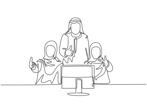 One continuous line drawing of young muslim male and female company workers Stock Illustration