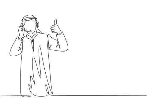 One continuous line drawing of young muslim customer care service give thumbs Stock Illustration