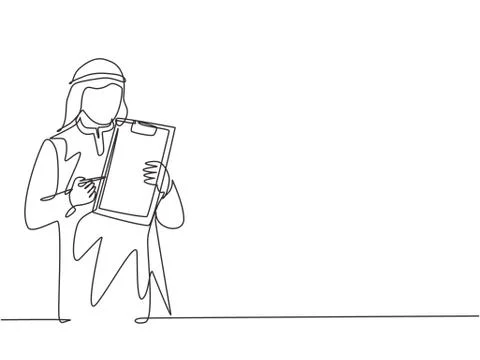 One continuous line drawing of young muslim sales marketer explaining brief Illustrazione stock