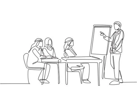 One continuous line drawing of young muslim business coach teaching Stock Illustration