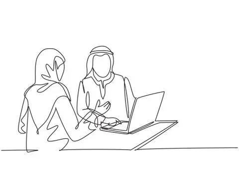 One continuous line drawing of young muslim sales marketer explaining feature Illustrazione stock