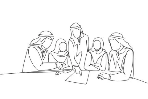 One continuous line drawing of young muslim businesspeople discussing project Illustrazione stock
