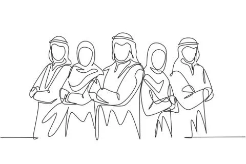 One continuous line drawing of young muslim businesspeople line up neatly Stock Illustration